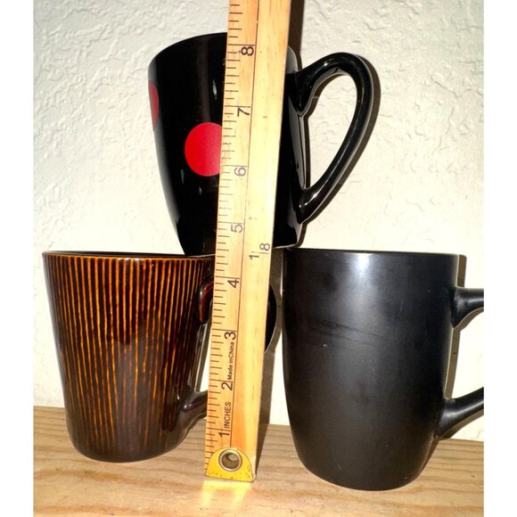Set Of 3 Ceramic Mugs: Black With Red Dots Black Pinstripe Solid Black - Picture 8 of 11